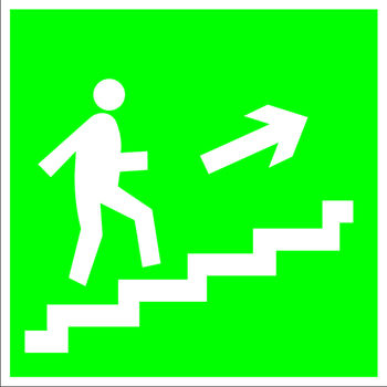 E15 направление к эвакуационному выходу по лестнице вверх (правосторонний) (пластик, 200х200 мм) - Знаки безопасности - Эвакуационные знаки - магазин "Охрана труда и Техника безопасности"